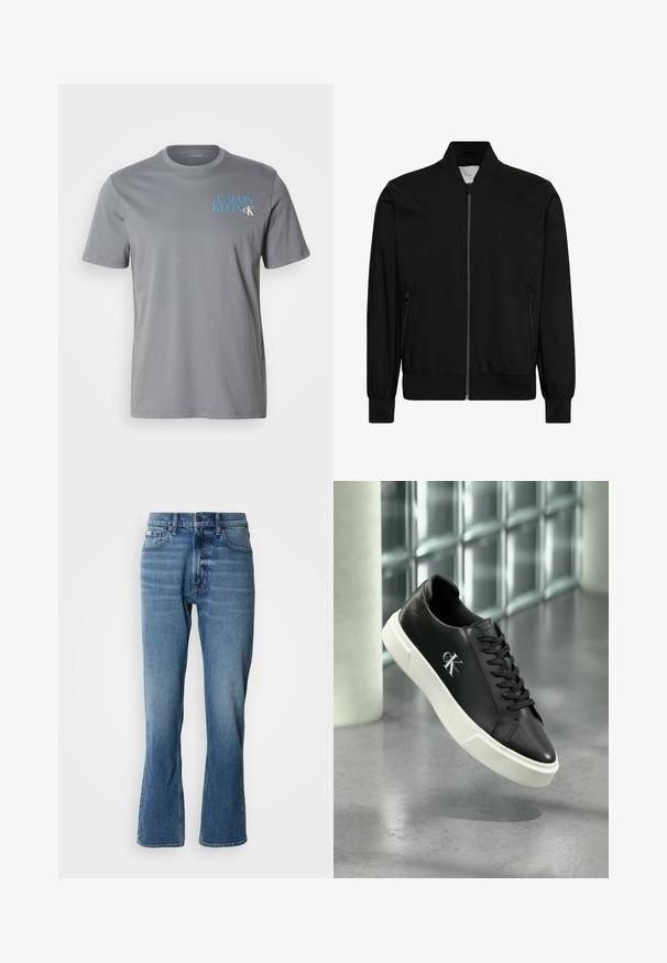 Mustast siledast kangast bomber-stiilis jope, millel on esilukk, soonikkoeline krae ja varrukaservad ning küljetaskud. Minimalistlik disain ilma nähtavate logodeta.; Hall helesin hall t-särk, ümar kaelus, lühikesed varrukad, millel on sinine "CALVIN KLEIN" tekst trükitud vasakule küljele. Sile tekstuur.; Heledad sinised teksad sirge lõike ja kerge laienemisega. Omab viit taskut, nööpkinnitust ja peeneid kulumisjälgi.; Mustad nahast spordijalats valge kummist tallaga ja küljele trükitud "CK Calvin Kleini" logo, mille taustaks on plaaditud klaas.
