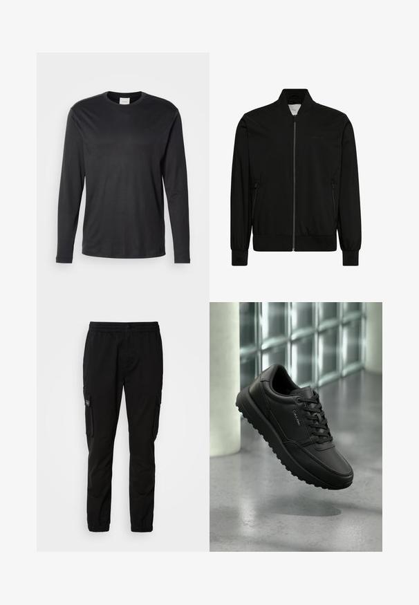 Mustast siledast kangast bomber-stiilis jope, millel on esilukk, soonikkoeline krae ja varrukaservad ning küljetaskud. Minimalistlik disain ilma nähtavate logodeta.; Mustus pika varrukaga ümar kaelusega Calvin Kleini särk, millel on vasakul rinnal väike CK logo, esitatud lihtsal valgel taustal.; Mustad cargo püksid elastse vöökoha, nööbiga sulgemise, kahe küljetasku ja kahe cargo taskuga. Sile kangas ja mugav lõige.; Mustad nahast Calvin Kleini tennisejalanõu paeltega, tugev tallaosaga, hõljuv poleeritud betoonpõranda kohal, taustal klaasplokkseina taust.