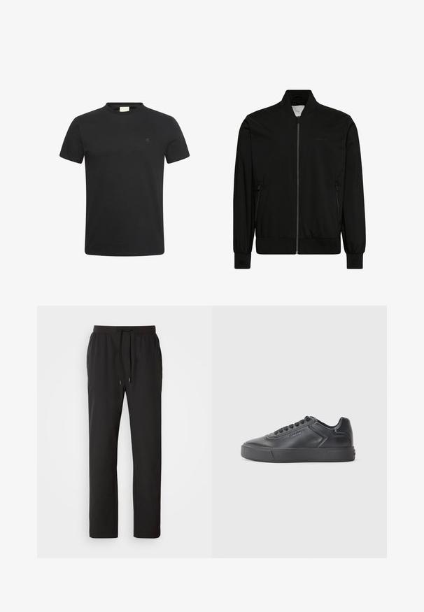 Sort bomberjakke lavet af glat stof med lynlås foran, ribbet krave og manchetter samt sidelommer. Minimalistisk design uden synlige logoer.; Sort t-shirt med korte ærmer og rund halsudskæring med lille diskret "cK" logo på venstre bryst.; Sorte joggerbukser lavet af letvægtsstof, med elastisk talje med justerbare snore og sidelommer. Glat tekstur.; Sort lædersneaker med rund tå, flad gummisål og kontrasterende syninger. Har et logo på siden og snørebåndsdesign.