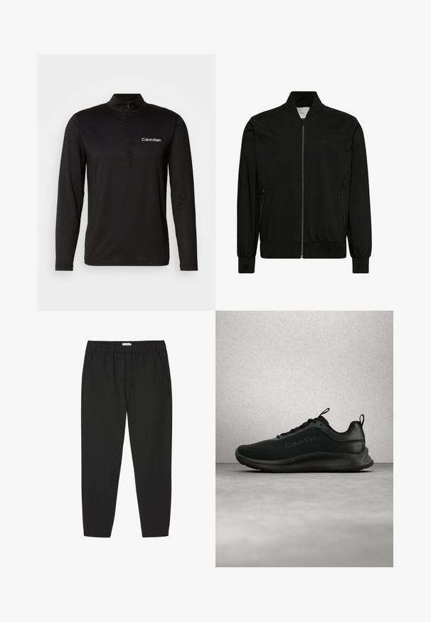 Chaqueta bomber negra hecha de tela lisa, con cierre frontal de cremallera, cuello y puños de canalé y bolsillos laterales. Diseño minimalista sin logotipos visibles.; Suéter negro de manga larga con un cuello alto, cierre de media cremallera y tejido texturizado. Presenta un pequeño logo blanco en el lado izquierdo del pecho.; Pantalones negros con cintura elástica, piernas rectas y bolsillos laterales, diseñados para uso casual o profesional.; Zapatilla negra de Calvin Klein con cordones flotando sobre un suelo gris pulido, con ventanas de bloques de vidrio al fondo.