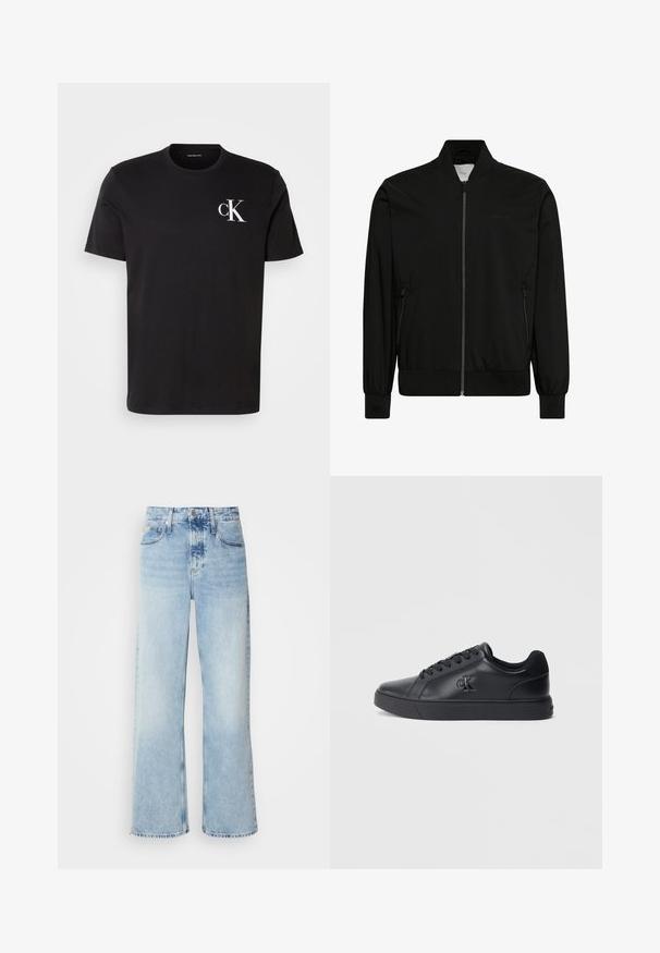 Schwarze Bomberjacke aus glattem Stoff, mit Reißverschluss vorne, geripptem Kragen und Bündchen sowie Seitentaschen. Minimalistisches Design ohne sichtbare Logos.; Schwarzes Baumwoll-T-Shirt mit kurzen Ärmeln und einem weißen "ck"-Logo auf der linken Brust. Rundhalsausschnitt und gerader Saum.; Helle blaue weite Jeans mit hoher Taille, in verwaschenem Finish, mit Gürtelschlaufen und klassischem Fünf-Taschen-Design. Der Saum ist ungesäumt.; Schwarze Ledersneaker mit Schnürdesign, Gummisohle und geprägtem Logo an der Seite, mit einer glatten Textur und minimalistischem Stil.