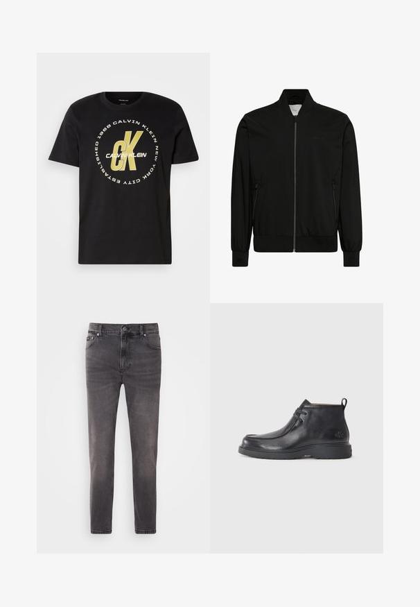 Mustast siledast kangast bomber-stiilis jope, millel on esilukk, soonikkoeline krae ja varrukaservad ning küljetaskud. Minimalistlik disain ilma nähtavate logodeta.; Must have valge puuvillane T-särk lühikeste varrukatega, ümar kaelus ja suur valge ja kuldne graafika, mis sisaldab "Calvin Klein" ja "CK".; Hallitatud disainiga hall denimitajad, viie taskuga, luku ja nööbiga sulgemine. Omab kerget tuhmumist ja sujuvat tekstuuri.; Mustad nahkjalatsid, ümarate varvastega, nöörimisega disain ja taga tõmbeosa. Tekstuuriga pealisosa ja kummist tald.