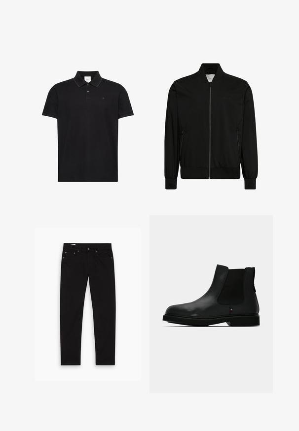 Sort bomberjakke lavet af glat stof med lynlås foran, ribbet krave og manchetter samt sidelommer. Minimalistisk design uden synlige logoer.; Sort kortærmet polo shirt med krave, to knapper, diskret kontrastkant på kravekanterne og lille "ck" logo på brystet.; Sorte lige ben jeans med for- og baglommer, bæltestropper samt knappeslås og lynlås, lagt fladt på en hvid baggrund.; Sort læder Chelsea-støvle med elastiske sidepaneler, rund tå og tekstureret overdel. Har en flad gummisål og diskret mærkedetalje.