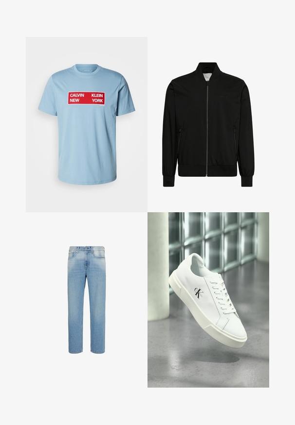 Čierna bomber bunda z hladkej látky, s predným zipsom, rebrovaným golierom a manžetami a bočnými vreckami. Minimalistický dizajn bez viditeľných log.; Calvin Klein Jeans BOX GRAPHIC TEE - Tričko s potlačou - smoke blue; Svetlomodré rifle s priamym strihom, prednými vreckami, opaskovými pútkami a zapínaním na gombíky, zobrazené na bielom pozadí.; Biela teniska Calvin Klein so šnúrkami, zobrazená vznášajúca sa nad leštenou betónovou podlahou a stenou z sklenených blokov.
