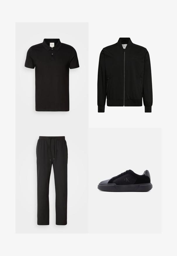 Schwarze Bomberjacke aus glattem Stoff, mit Reißverschluss vorne, geripptem Kragen und Bündchen sowie Seitentaschen. Minimalistisches Design ohne sichtbare Logos.; Schwarzes Poloshirt aus glattem Stoff mit klassischem Kragen. Verfügt über zwei Knöpfe am Hals, kurze Ärmel und ein dezentes Logo auf der Brust.; Schwarze Jogginghosen aus leichtem Stoff, mit einem elastischen Bund und verstellbaren Kordeln sowie Seitentaschen. Glatte Textur.; Schwarzer Sneaker in Low-Top-Design mit dicker Sohle, Schnürverschluss vorne und dezente "cK"-Logo auf der Seitenpaneele.