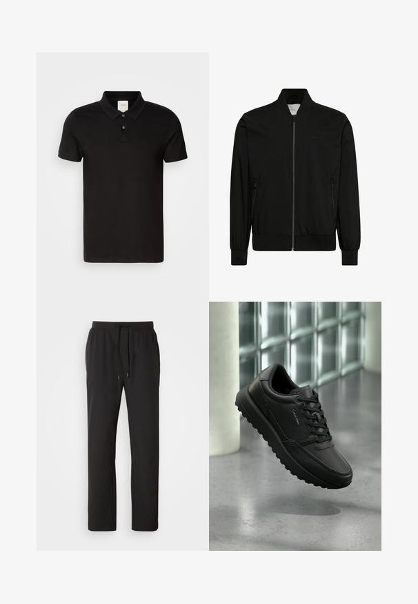 Čierna bomber bunda z hladkej látky, s predným zipsom, rebrovaným golierom a manžetami a bočnými vreckami. Minimalistický dizajn bez viditeľných log.; Čierna polo košeľa vyrobená z hladkej tkaniny s klasickým golierom. Obsahuje dve gombíky pri krku, krátke rukávy a diskrétne logo na hrudníku.; Čierne jogger nohavice vyrobené z ľahkej tkaniny, s elastickým pásom a nastaviteľnými šnúrkami a bočnými vreckami. Hladká textúra.; Čierna kožená teniska Calvin Klein s šnúrkami, drsnou podrážkou, vznášajúca sa nad leštenou betónovou podlahou s pozadím zo sklenených blokov.