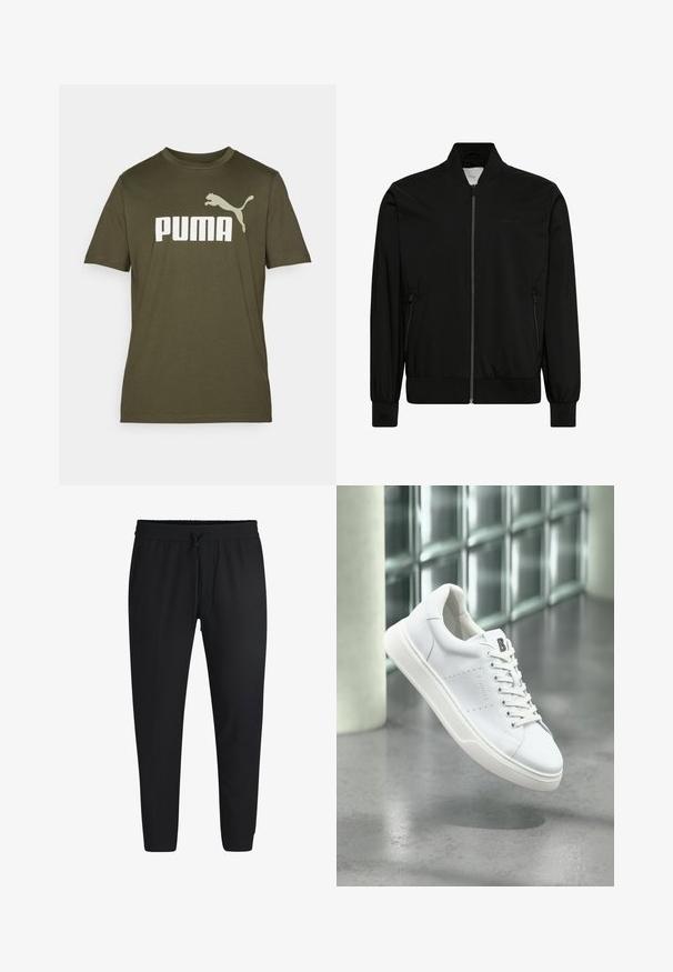Schwarze Bomberjacke aus glattem Stoff, mit Reißverschluss vorne, geripptem Kragen und Bündchen sowie Seitentaschen. Minimalistisches Design ohne sichtbare Logos.; Olivgrünes Baumwoll-T-Shirt mit einem großen weißen "PUMA"-Logo und einem springenden PUMA-Grafik auf der linken Schulter. Kurze Ärmel, Rundhalsausschnitt.; Schwarze Jogginghosen aus weichem Stoff, mit elastischem Bund und Kordelzug, seitlichen Taschen und schmal zulaufenden Beinen.; Weißer Sneaker mit niedriger Schaft, Schnürsenkeln, perforierter Seitenpartie und "B"-Logo auf der Zunge, schwebt über einem grauen, polierten Boden in der Nähe von Glasbausteinen.