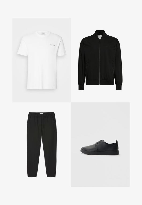 Chaqueta bomber negra hecha de tela lisa, con cierre frontal de cremallera, cuello y puños de canalé y bolsillos laterales. Diseño minimalista sin logotipos visibles.; Camiseta de algodón blanca con mangas cortas y un escote en forma de cuello redondo. Presenta un pequeño logotipo negro de "Calvin Klein" en el lado izquierdo del pecho.; Pantalones negros con cintura elástica, piernas rectas y bolsillos laterales, diseñados para uso casual o profesional.; Zapatilla negra de cuero con acabado suave, punta redondeada, costuras a tono, cordones en la parte delantera y suela de goma plana. Asa en el talón.