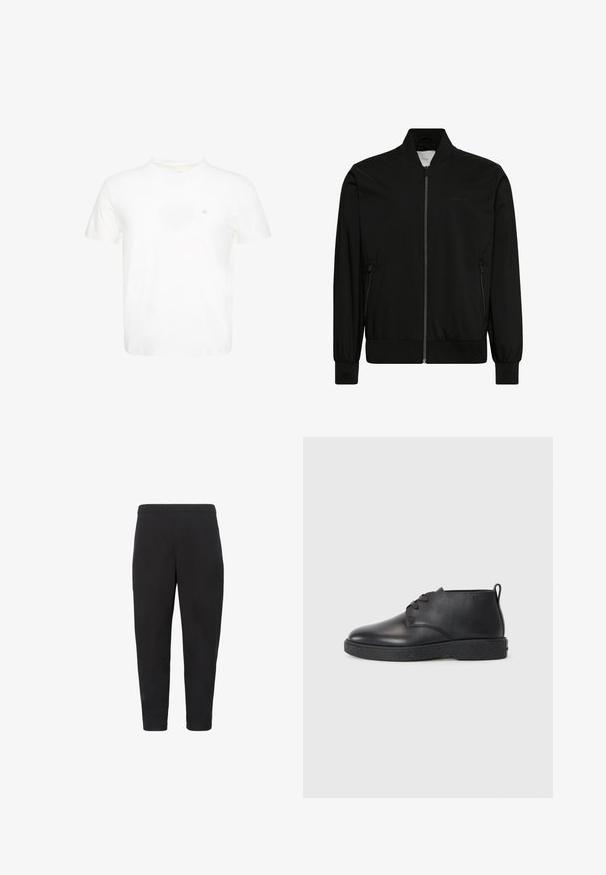 Schwarze Bomberjacke aus glattem Stoff, mit Reißverschluss vorne, geripptem Kragen und Bündchen sowie Seitentaschen. Minimalistisches Design ohne sichtbare Logos.; Weißes T-Shirt mit kurzen Ärmeln und Rundhalsausschnitt mit kleinem gesticktem "ck" Logo auf der linken Brust.; Schwarze schmale Hosen mit elastischem Bund, Seitentaschen und knöchellangem Schnitt vor weißem Hintergrund.; Schwarze Leder-Stiefeletten mit glatter Textur, abgerundeter Spitze und schwarzer Gummisohle. Verfügt über ein Schnürdesign und eine Fersenschlaufe für ein einfaches Anziehen.
