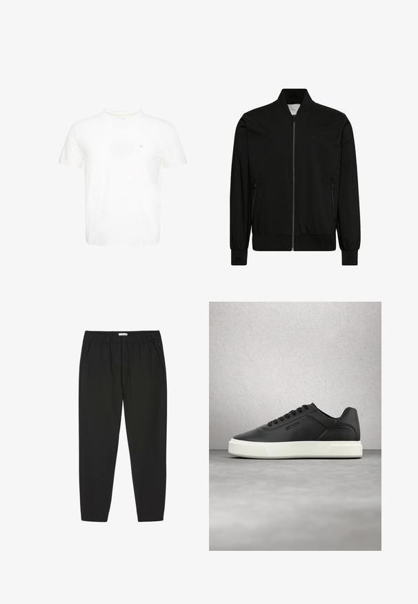Chaqueta bomber negra hecha de tela lisa, con cierre frontal de cremallera, cuello y puños de canalé y bolsillos laterales. Diseño minimalista sin logotipos visibles.; Camiseta blanca de manga corta con cuello redondo y pequeño logo "ck" bordado en el pecho izquierdo.; Pantalones negros con cintura elástica, piernas rectas y bolsillos laterales, diseñados para uso casual o profesional.; Zapatillas de cuero negro con suela de goma blanca, puntera redondeada y cordones planos. Detalles texturizados en los lados, diseño minimalista.