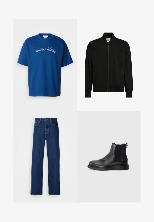 Zwarte bomberjack gemaakt van gladde stof, met een ritssluiting aan de voorkant, geribbelde kraag en manchetten, en zijzakken. Minimalistisch ontwerp zonder zichtbare logo's.; Blauwe katoenen t-shirt met een ronde hals en korte mouwen, met "calvin klein" elegant in witte cursieve letters geborduurd over de borst.; Donkerblauwe denim jeans met een wijdbeen ontwerp, voorzien van een knoopsluiting en klassieke vijf-pocket styling. De stof heeft een gladde textuur.; Zwarte leren Chelsea boots met een gestructureerde afwerking, elastische zijpanelen en een stevige rubberen zool. Subtiele branding op de hiel.