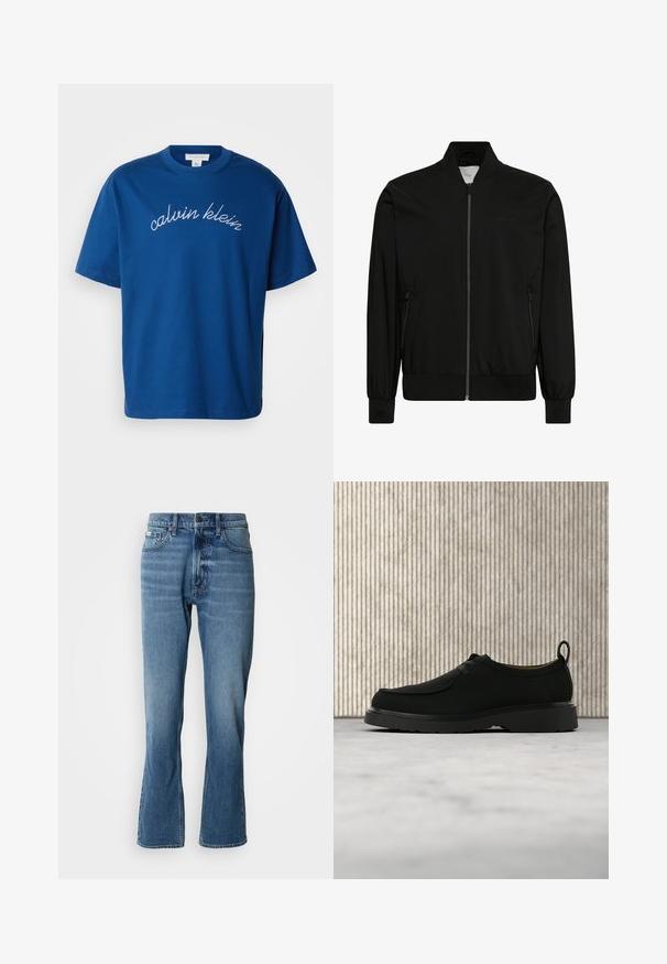 Sort bomberjakke lavet af glat stof med lynlås foran, ribbet krave og manchetter samt sidelommer. Minimalistisk design uden synlige logoer.; Blå bomulds t-shirt med rund hals og korte ærmer, med "calvin klein" elegant broderet i hvid kursiv over brystet.; Lyseblå denim jeans med lige pasform og let flare. Har fem lommer, knaplukning og subtile slidte detaljer.; Sort lædersko til fritid med snørebånd, tyk sål og træksnor, placeret i luften over beige tæppe med brunt rundt møbel i baggrunden.