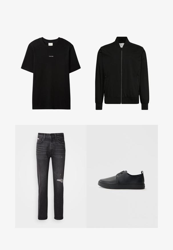 Chaqueta bomber negra hecha de tela lisa, con cierre frontal de cremallera, cuello y puños de canalé y bolsillos laterales. Diseño minimalista sin logotipos visibles.; Camiseta de algodón negra con cuello redondo y mangas cortas. Presenta un pequeño logo blanco "Calvin Klein" en el frente. Ajuste clásico y suave.; Jeans de mezclilla negra con un diseño de pierna recta, detalles desgastados en la rodilla, estilo de cinco bolsillos y un sutil acabado deslavado.; Zapatilla negra de cuero con acabado suave, punta redondeada, costuras a tono, cordones en la parte delantera y suela de goma plana. Asa en el talón.