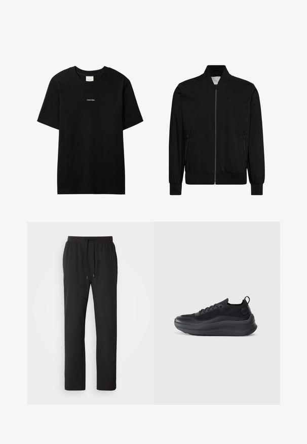 Schwarze Bomberjacke aus glattem Stoff, mit Reißverschluss vorne, geripptem Kragen und Bündchen sowie Seitentaschen. Minimalistisches Design ohne sichtbare Logos.; Schwarzes Baumwoll-T-Shirt mit Rundhalsausschnitt und kurzen Ärmeln. Auf der Vorderseite befindet sich ein kleines weißes "Calvin Klein"-Logo. Glatte, klassische Passform.; Schwarze Jogginghosen aus leichtem Stoff, mit einem elastischen Bund und verstellbaren Kordeln sowie Seitentaschen. Glatte Textur.; Schwarzer Sportschuh mit einem Obermaterial aus Mesh, strukturierten Akzenten und einer dicken Gummisohle. Verfügt über eine Zuglasche an der Ferse und ein Schnürdesign.