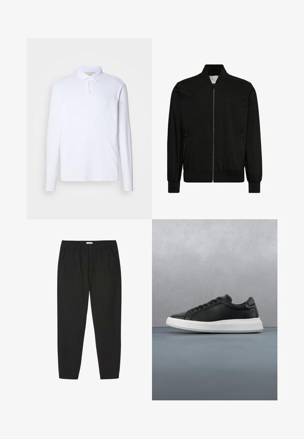 Chaqueta bomber negra hecha de tela lisa, con cierre frontal de cremallera, cuello y puños de canalé y bolsillos laterales. Diseño minimalista sin logotipos visibles.; Camisa polo blanca de manga larga hecha de una tela suave, con un cuello clásico, una tapeta de tres botones y un sutil logo en el pecho.; Pantalones negros con cintura elástica, piernas rectas y bolsillos laterales, diseñados para uso casual o profesional.; Deportivas de cuero negro con un acabado suave, suela de goma blanca, forma redondeada, seis ojales para los cordones y un diseño sutil en el talón.