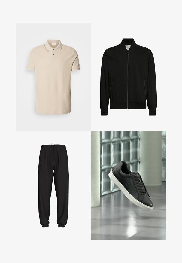 Chaqueta bomber negra hecha de tela lisa, con cierre frontal de cremallera, cuello y puños de canalé y bolsillos laterales. Diseño minimalista sin logotipos visibles.; Camisa polo beige de algodón, con un cierre de dos botones, mangas cortas y un pequeño logo en el pecho. Detalle de costura en contraste.; Pantalones deportivos negros de corte holgado con cintura y puños elásticos, con cordón ajustable en la cintura.; Zapatilla deportiva negra de corte bajo con suela blanca, cordones y logo en relieve, mostrada frente a un fondo de bloques de vidrio y columnas de hormigón.