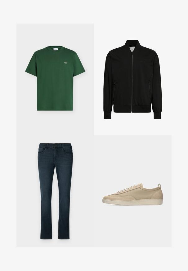 Zwarte bomberjack gemaakt van gladde stof, met een ritssluiting aan de voorkant, geribbelde kraag en manchetten, en zijzakken. Minimalistisch ontwerp zonder zichtbare logo's.; Donkergroene katoenen T-shirt met korte mouwen, ronde hals en klein Lacoste krokodillenlogo op de linkerborst.; Donkerblauwe jeans met een slim fit, gemaakt van denim. Voorzien van een knoopsluiting, vijf zakken en subtiele stiksels langs de naden.; Beige lage sneaker met bovenwerk van stof en suède, witte veters, rubberen zool en een lus aan de hiel, afgebeeld in zijaanzicht op een witte achtergrond.