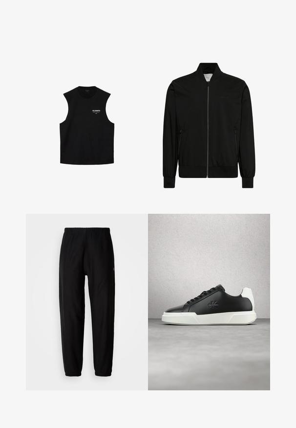 Schwarze Bomberjacke aus glattem Stoff, mit Reißverschluss vorne, geripptem Kragen und Bündchen sowie Seitentaschen. Minimalistisches Design ohne sichtbare Logos.; Schwarzes, ärmelloses Top mit Rundhalsausschnitt und "ALLSAINTS"-Logo sowie kleinem weißen Text auf der linken Brust.; Schwarze Jogginghosen mit elastischem Bund, schmal zulaufenden Beinen und Bündchen. Glatte Stoffoberfläche. Logodetail an der Seite.; Schwarzer Ledersneaker mit rundem Zehenbereich, weißer Gummisohle und schwarzen Schnürsenkeln. Mit einem Logo an der Seite und einem kontrastierenden weißen Fersenakzent.
