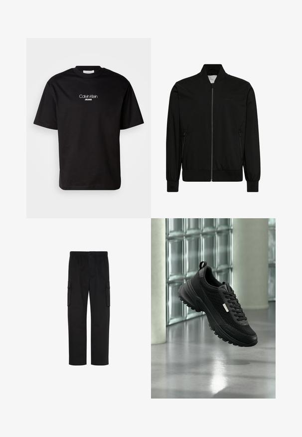 Schwarze Bomberjacke aus glattem Stoff, mit Reißverschluss vorne, geripptem Kragen und Bündchen sowie Seitentaschen. Minimalistisches Design ohne sichtbare Logos.; Schwarzes Baumwoll-T-Shirt mit Rundhalsausschnitt, kurzen Ärmeln und weißem "Calvin Klein JEANS"-Logo auf der Vorderseite. Einfaches und geradliniges Design.; Schwarze gerade geschnittene Cargohosen mit elastischem Bund, Knopfverschluss und zwei Klappentaschen an den Seiten.; Schwarzer sportlicher Sneaker mit Mesh-Seitenteilen und dicker Sohle, der drinnen in der Nähe von Glasbausteinen und Säulen auf einem glatten Boden schwebt.