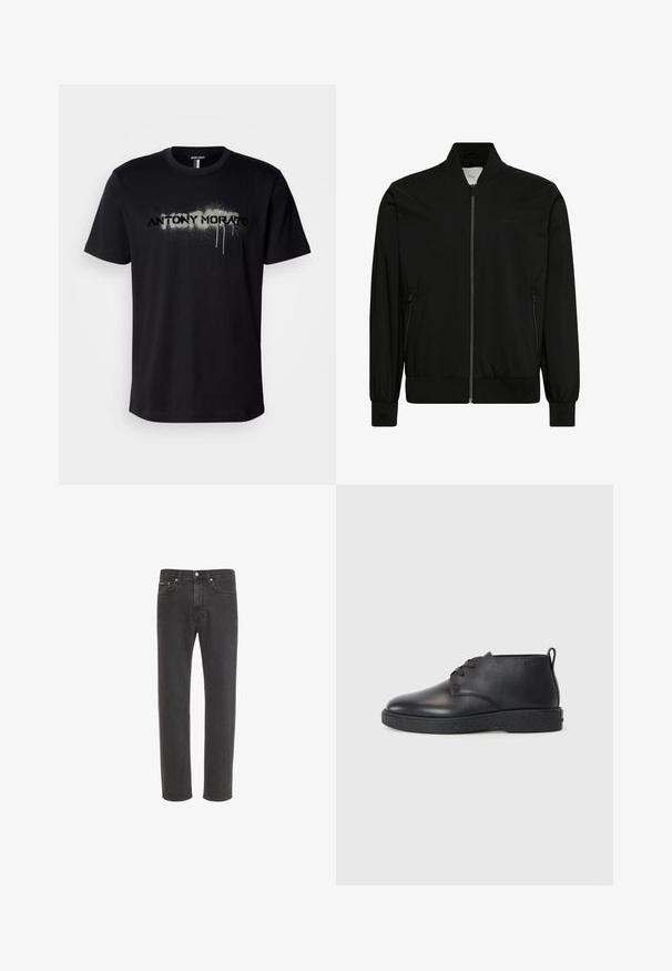 Sort bomberjakke lavet af glat stof med lynlås foran, ribbet krave og manchetter samt sidelommer. Minimalistisk design uden synlige logoer.; Sort bomulds t-shirt med en sprayet tekstgrafik "ANTONY MORATO" i grå med dryppende detaljer, korte ærmer og rund hals.; Sorte jeans med lige ben i denim med knap- og lynlås-lukning foran, for- og baglommer, vist på hvid baggrund.; Sorte læder ankelstøvler med glat tekstur, rund tå og sort gummisål. Har en snørelukning og en hælflap for nem påtagning.