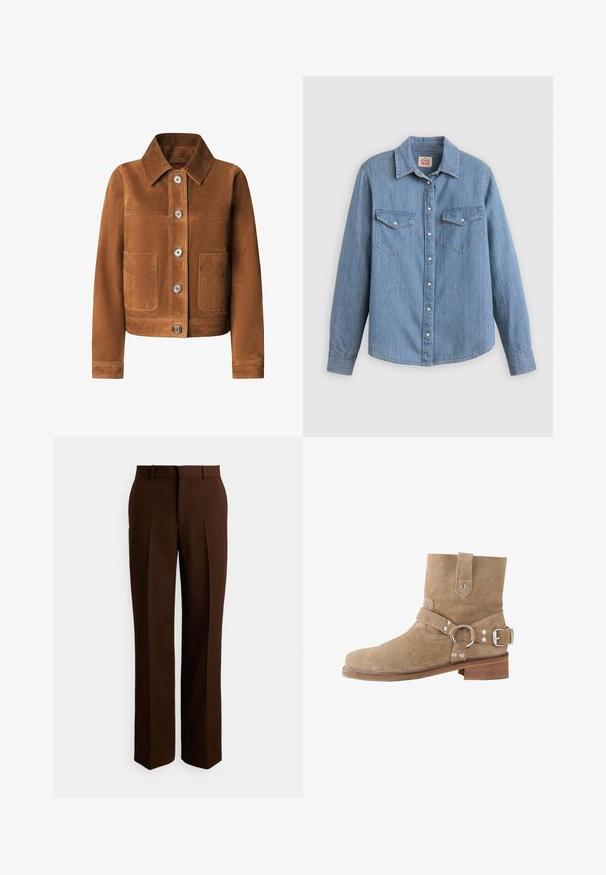 Bruine corduroy jas met een kraag, sluiting met knopen aan de voorkant en twee grote opgestikte zakken aan de voorkant. Zachte textuur, op maat gemaakte pasvorm.; Lichtblauw spijkerhemd met lange mouwen, knoopsluiting aan de voorkant, twee borstzakken en een klassieke kraag. Soepele textuur en een ontspannen pasvorm.; Bruine, op maat gemaakte broek met een rechte pijp, gemaakt van gladde stof, voorzien van plooien en een standaard tailleband met lussen voor een riem.; Beige suède enkellaarsje met een afgeronde neus, een verstelbare band met metalen ring en een lage houten hak. Overal een gladde textuur.