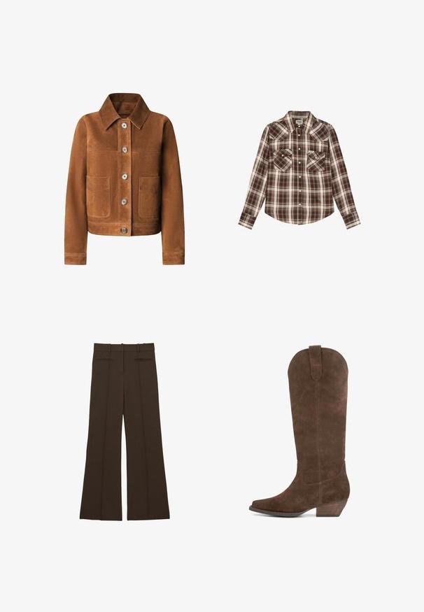 Bruine corduroy jas met een kraag, sluiting met knopen aan de voorkant en twee grote opgestikte zakken aan de voorkant. Zachte textuur, op maat gemaakte pasvorm.; Bruin-wit geruit overhemd met lange mouwen en knopen, met twee voorzakken en een puntige kraag, plat liggend op een witte achtergrond.; Reiss CLAUDE HIGH RISE FLARED - Broek - chocolate brown; Bruine nubuck kniehoge laarzen met een puntige neus, gekantelde hak en een afgeronde bovenrand. Heeft een ritsdetail aan de zijkant en een subtiele textuur.