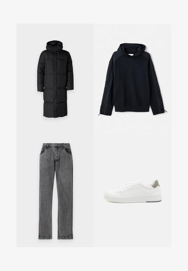 Schwarzer Puffer-Mantel mit Kapuze, der eine lange Silhouette und große, gesteppte Abschnitte aufweist. Enthält einen Frontreißverschluss und Seitentaschen.; Pier One by Zalando Sweatshirt - black; Schwarze Jeans aus Denim mit geradem Schnitt, ausgestattet mit fünf Taschen, einem Knopfverschluss und dezenten Stickdetails an den Nähten.; Weißer Sneaker aus glattem Leder, runde Zehenpartie, minimalistisches Design, graue Fersenkante und strukturierte Gummisohle.