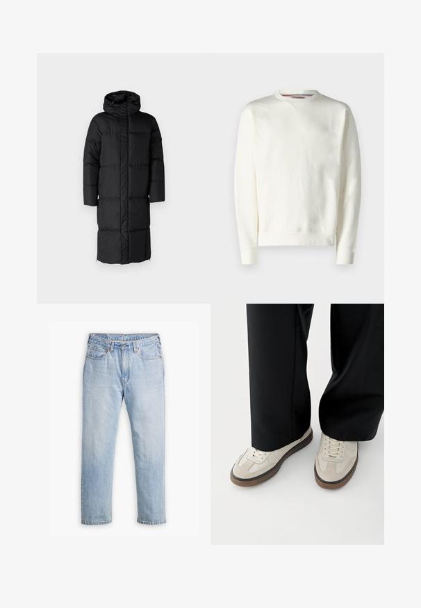 Sort puffet jakke med hætte, der har en lang silhuet og store quiltede sektioner. Inkluderer en frontlynlås og sidelommer.; Hvid sweatshirt med rund hals, ribbede manchetter og en subtil logo-detalje. Blødt materiale med en glat tekstur og et minimalistisk design.; Lysblå denimjeans med lige bendesign, fem lomme stil og kontrastsyet. Knap- og lynlåslukning i taljen.; Fødder iført beige sneakers med brune såler og sorte bukser med vide ben på hvid baggrund.