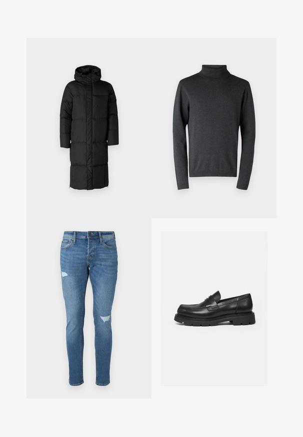 Sort puffet jakke med hætte, der har en lang silhuet og store quiltede sektioner. Inkluderer en frontlynlås og sidelommer.; Mørkegrå sweater med høj hals lavet af blødt materiale, med lange ærmer og ribstrikkede manchetter og kant, samt en glat og jævn struktur.; Fadede blå denim jeans med slim fit, der har slidte områder ved knæene, en knaplukning og fem-lomme design.; Sort læderloafer med tyk rillede sål og penny-remdetalje, vist i højre sideprofil på hvid baggrund.