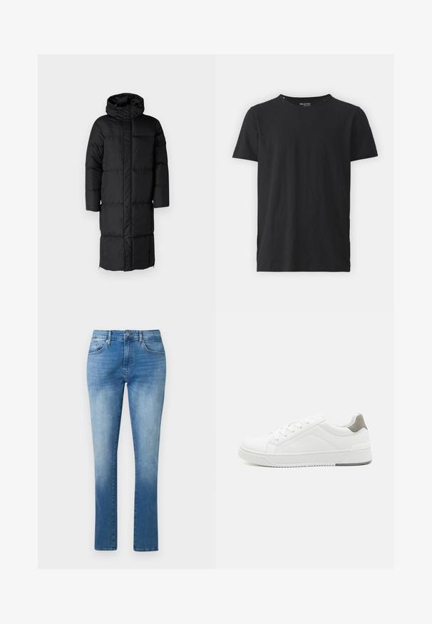 Sort puffet jakke med hætte, der har en lang silhuet og store quiltede sektioner. Inkluderer en frontlynlås og sidelommer.; Sort bomulds t-shirt med rund halsudskæring og korte ærmer. Har et enkelt design uden mønstre eller accenter. Simpel og alsidig.; Blå jeans med lige ben, mellemhøj talje, knap- og lynlås-lukning samt klassisk fem-lomme design.; Hvid sneaker lavet af glat læder, rund tå, minimalistisk design, grå hælafsats og tekstureret gummisål.