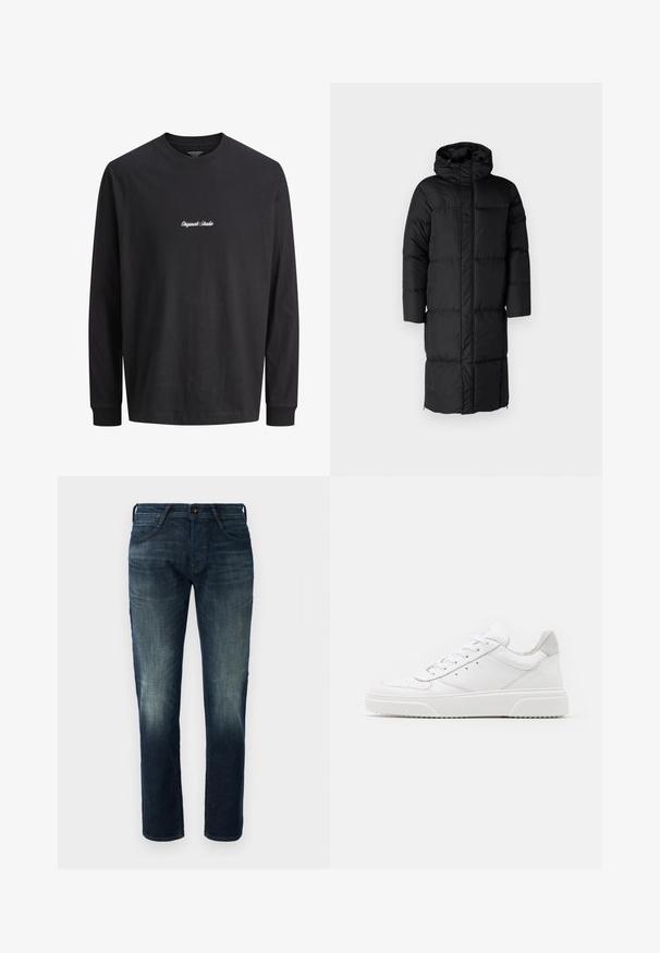 Sort puffet jakke med hætte, der har en lang silhuet og store quiltede sektioner. Inkluderer en frontlynlås og sidelommer.; Langærmet sort T-shirt med "Originals Studio" broderet i hvidt på brystet; minimalistisk design mod en ensfarvet baggrund.; Mørkeblå lige ben denim jeans med let fading på lårene og knæene, frontknap og lynlås lukning, samt fem-lomme stil.; Hvide lædersneakers med en glat finish, rund tå, flade snørebånd og en struktureret sål. Grå ruskindsdetalje ved hælen.