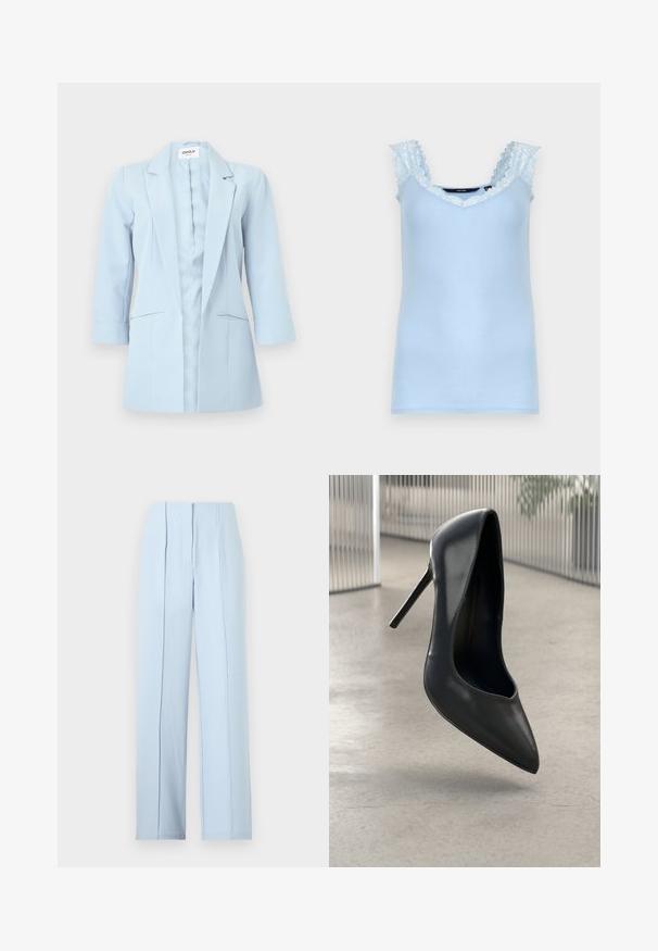 Blazer azul claro para mujer con mangas largas, solapas con muesca y dos bolsillos delanteros, exhibido sobre un fondo blanco.; Top azul claro sin mangas con ribete de encaje en las tiras y el escote, mostrado sobre un fondo blanco liso.; Pantalones de pierna ancha de tiro alto en azul claro con pliegues delanteros y cierre de bragueta oculto sobre un fondo liso.; Zapato de tacón alto de cuero negro con punta afilada, diseño elegante y sin herrajes visibles. Textura suave y estilo minimalista.