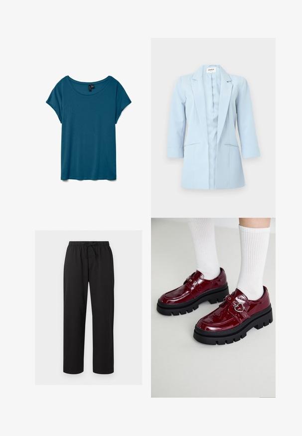 Hellblauer Damenblazer mit langen Ärmeln, Revers mit Kerbkragen und zwei Vordertaschen, präsentiert auf weißem Hintergrund.; Teal Kurzarm-T-Shirt mit rundem Halsausschnitt, aus weichem Stoff gefertigt, mit entspannter Passform und glatter Textur.; Locker sitzende schwarze Hose mit elastischem Bund und vorderem Kordelzug, gerades Bein-Design, keine sichtbaren Taschen oder Muster.; Bordeauxfarbene Lacklederschuhe mit einer klobigen schwarzen Sohle, doppeltem Riemen mit Herzdetail und gerippten weißen Socken. Retro-Design mit dickem Profil.