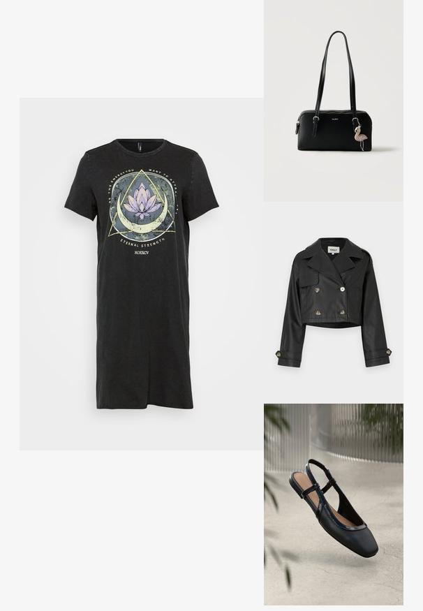 Sort cropped læderjakke med dobbeltradet design, metalknapper, store slag og opsmøget ærmer. Glat tekstur.; Sort T-shirt-kjole med en afslappet pasform, der har et grafik af en lilla lotusblomst og geometriske mønstre på forsiden. Korte ærmer.; Sorte læder slingback flade sko med firkantet tå, prydet med en blank patenteret kant og justerbare remme for en sikker pasform.; Sort rektangulær Aldo-håndtaske med to lange stropper og en lyserød flamingo-nøglering på en neutral baggrund.