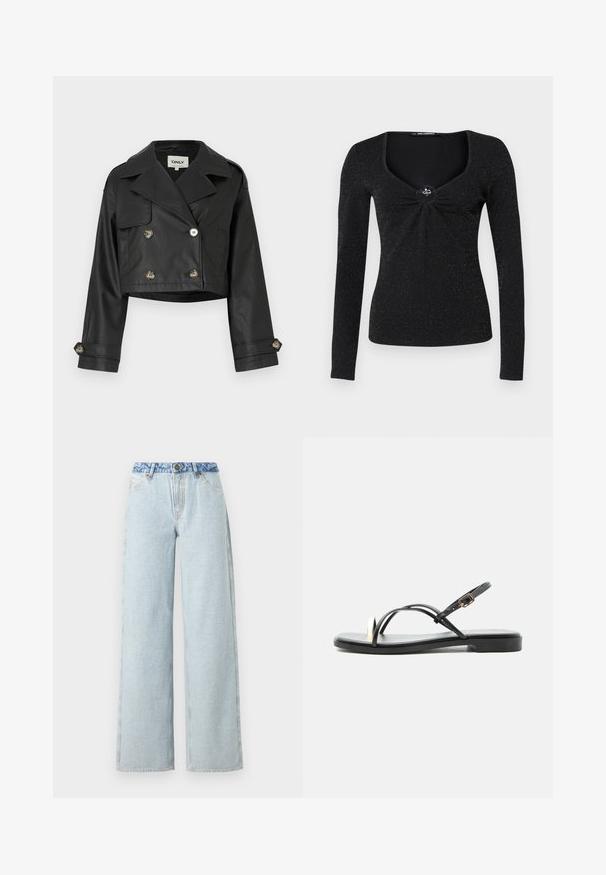 Sort cropped læderjakke med dobbeltradet design, metalknapper, store slag og opsmøget ærmer. Glat tekstur.; Sort langærmet top med firkantet udskæring, der har en samlet detalje i midten og en dekorativ accent. Stoflet er let glitrende.; Lysblå vid jeans med en falmet vask, med en kontrasterende blå denimlivrem og en traditionel fem-lomme design.; Sort flad sandal med tynde stropper, guldring ved tåen og justerbar ankelspænde, vist mod en ensfarvet hvid baggrund.