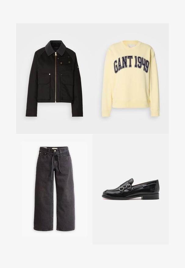 Zwarte cropped jasje gemaakt van duurzaam materiaal, met een ritssluiting aan de voorkant, contrasterende kraag en meerdere voorkruiden met messing hardware accenten.; Geel sweatshirt van katoen met lange mouwen en een ronde hals. Voorzien van een marineblauwe "GANT 1949" print op de borst.; Zwarte wijde denim jeans met een trekkoord in de taille, vijf zakken en contrasterende stiksels. Platte voorkant.; Zwarte lakleren instapper met dubbele zilveren gespaccenten, licht afgeronde neus en een lage gestapelde hak. Geweven stiksel details langs de bovenkant.