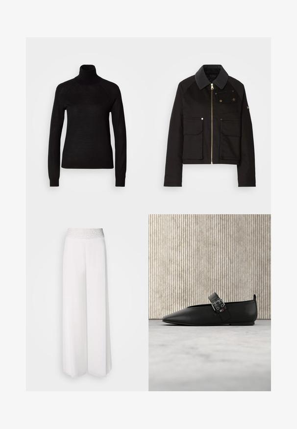 Schwarze cropped Jacke aus strapazierfähigem Stoff, mit einem Reißverschluss vorne, kontrastierendem Kragen und mehreren Vordertaschen mit Messingbeschlägen.; Schwarzer Rollkragenpullover aus leichtem Strickmaterial. Mit langen Ärmeln und einer figurbetonten Silhouette mit Raglanärmeln.; Weiße weite Hosen mit einem strukturierten silbernen Bund, ausgestattet mit einem glatten Stoff und fließendem Design. Geeignet für verschiedene Anlässe.; Schwarzer, flacher Lederschuh mit spitzer Zehe und seitlichem Riemen, versehen mit silberner Beschlägen. Glatte Textur vor neutralem Teppichhintergrund.