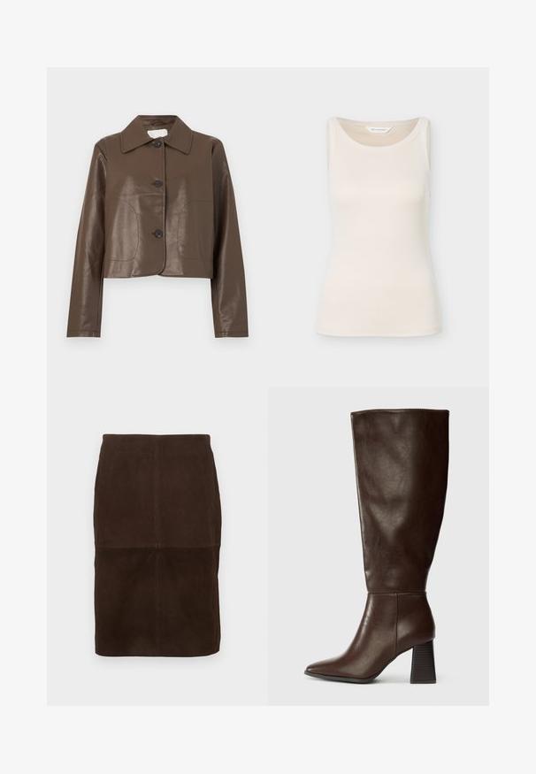 Veste en cuir marron raccourcie avec manches longues, grand col et trois boutons noirs sur le devant.; Débardeur sans manches côtelé de couleur crème avec encolure ronde, étiquette "Moss Copenhagen" visible à l'intérieur du col.; Jupe crayon en daim marron foncé avec des détails de coutures visibles, longueur genoux, présentée sur un fond clair.; Botte en cuir marron hauteur genou avec un bout pointu et un talon texturé épais. Fini lisse avec des détails de couture minimaux.