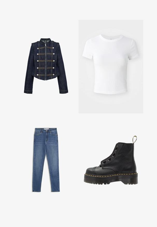 Mørkeblå denimjakke med lynlås foran, dekorative sølvknapper og gul syning, med høj krave og lange ærmer.; Simpel hvid kortærmet cropped t-shirt med rund halsudskæring, præsenteret på en neutral lys baggrund.; Blå denim jeans med høj talje, slim fit, forlommer, lynlås og kontrasterende syninger. Struktureret design med en glat overflade.; Sorte læder ankelstøvler med tekstureret overflade, rund tå, snørebåndsdesign, gule stikninger og en tyk, rillet sort platformsål.