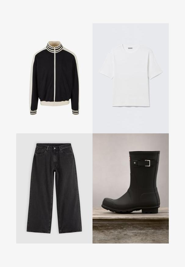 Veste noire zippée avec des rayures crème le long des épaules et des poignets. Comprend des poches latérales et un col côtelé. Fabriquée en tissu doux.; T-shirt blanc uni à manches courtes et col rond, avec une petite étiquette "WEEKDAY" à l'intérieur du col arrière, présenté à plat.; Jean en denim noir à jambes larges avec poches avant, passants pour ceinture et fermeture par boutons, présenté sur un fond clair uni.; Botte de pluie en caoutchouc noir avec un petit talon, un bout arrondi et un accent en boucle en argent. Présente une semelle texturée pour une meilleure adhérence.