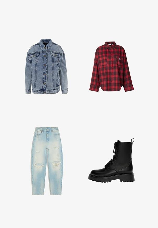 Lichtblauwe denimjack met een klassieke kraag, knoopsluiting, lange mouwen, twee borstzakken en een relaxte pasvorm.; Rood-zwart geruit flanellen overhemd, lange mouwen, knoopsluiting aan de voorkant, twee borstzakken, zachte textuur, casual pasvorm, rechthoekig ontwerp.; Lichtblauwe high-waist jeans met versleten scheuren op dijen en knieën, voorzakken en knoopsluiting.; Zwarte veterschoenen enkelboots van synthetisch leer, met een chunky zool, een trekhaak en uitgesproken stiksels.