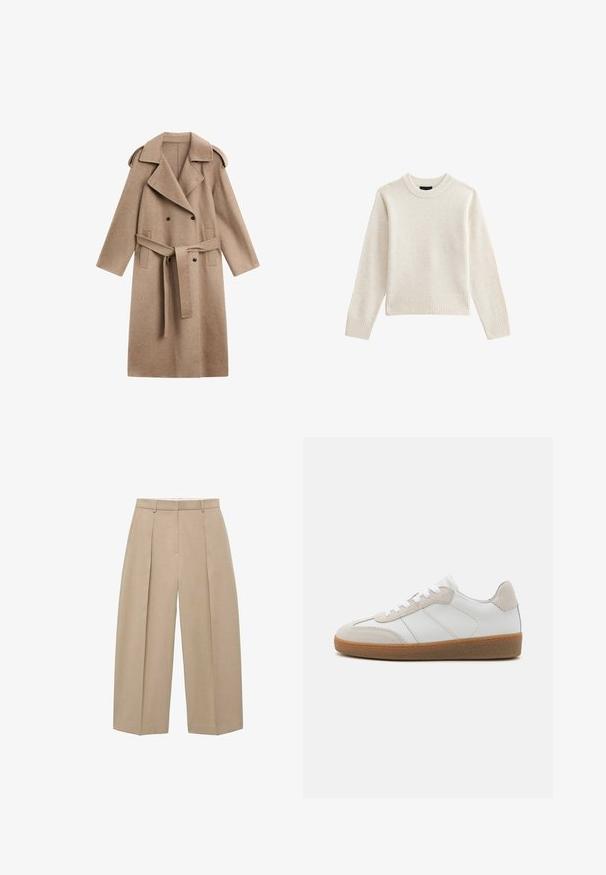 Long manteau en laine beige à double boutonnage avec larges revers, taille ceinturée, épaulettes et poches latérales.; Pull en tricot beige clair avec un col rond côtelé et un ourlet, doté de manches longues et d'une silhouette décontractée. Texture douce et design minimal.; Un pantalon large beige suspendu verticalement, avec des plis avant et une taille plate, mettant en avant un style neutre et élégant.; Baskets en cuir blanc avec des accents en suède beige, languette texturée et semelle en caoutchouc. Elles sont dotées de lacets blancs et de détails couture subtils.