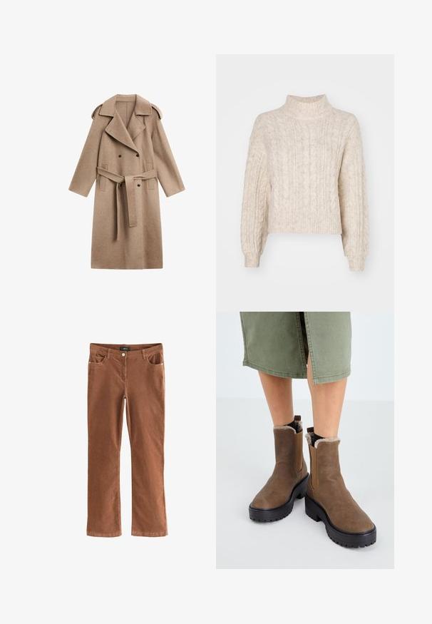 Lang beige dobbeltradet uldfrakke med brede revers, bælte i taljen, skulderklapper og sidelommer.; Cremefarvet cropped sweater med høj hals, der har et tekstureret kabelstrikket mønster og lange, let puffede ærmer.; Brune fløjl bukser med lige ben design, fem lommer og en syet kant, med en talje knap og lynlås lukning.; Brune læder ankelstøvler med gummisål, blød foring og elastiske sideindsatser. Har en lav blokhæl og en glat overflade.