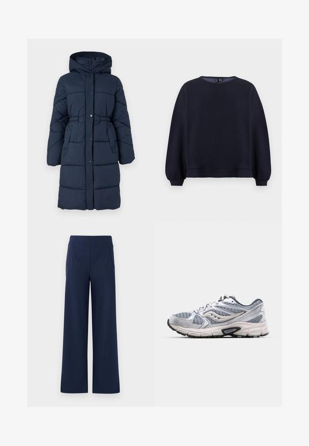 Manteau rembourré bleu marine, doté d'une capuche, d'un col côtelé, d'une fermeture à pression à l'avant et de deux poches latérales avec texture matelassée et rembourrage.; Sweatshirt bleu marine avec un col rond, des épaules tombantes et des poignets froncés. Texture lisse avec une coupe décontractée et un ourlet côtelé.; Pantalons larges bleu marine avec une taille élastique, texture douce et deux poches latérales, conçus pour le confort et la liberté de mouvement.; Bottine de course argentée avec tige en mesh, semelle rembourrée et accents gris. Dotée d'un bout arrondi et d'un design à lacets. Logo de la marque visible.
