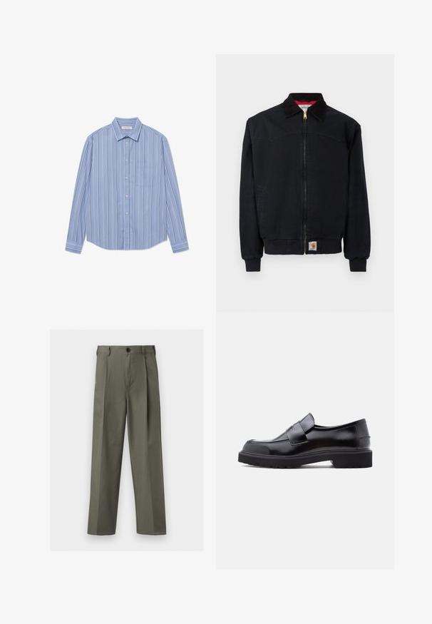 Zwarte werkjas met ritssluiting, geribbelde manchetten en zoom, een kraag van ribfluweel, zijzakken en een klein Carhartt-logo op de voorste zoom.; Lange mouwen knoop shirt in lichtblauw met verticale strepen. Voorzien van een puntige kraag en een borstzak. Gemaakt van een gladde stof.; Olijfgroene rechte broek met riemlussen, knoop aan de voorkant en geplooide details.; Zwarte leren instapschoen met een strak ontwerp, ronde neus en een dikke, gestructureerde rubberen zool. Heeft een decoratieve band over de voorkant.