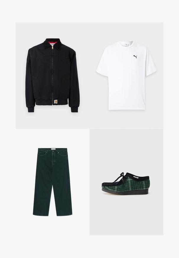 Schwarze Arbeitsjacke mit Reißverschluss, Rippbündchen an Ärmeln und Saum, Cordkragen, Seitentaschen und kleinem Carhartt-Logoaufnäher am unteren Saum.; Weißes T-Shirt mit kurzen Ärmeln und Rundhalsausschnitt mit kleinem schwarzem Puma-Logo auf der linken Brust vor hellem Hintergrund.; Dunkelgrüne weit geschnittene Jeans aus Denim mit Knopf- und Reißverschluss, Fronttaschen und Gürtelschlaufen, flach auf einem weißen Hintergrund ausgelegt.; Grüne und schwarze gemusterte Schuhe mit einem Obermaterial aus Wildleder, runder Zehenform, Schnürsenkeln und einer strukturierten Gummisohle.