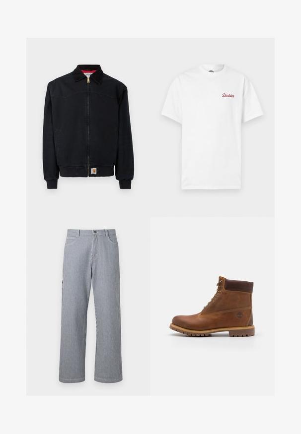 Veste de travail noire à fermeture éclair avec poignets et ourlet côtelés, col en velours côtelé, poches latérales et petite étiquette logo Carhartt sur l'ourlet avant.; T-shirt en coton blanc à manches courtes. Présente un logo texte rouge "Dickies" sur la poitrine côté gauche, un col rond et une coupe standard.; Pantalon à jambe droite à rayures verticales grises et blanches, avec poches avant et taille à fermeture boutonnée.; Botte de randonnée en cuir marron avec une finition lisse, cheville rembourrée, œillets en métal et semelle en caoutchouc dotée d'un motif de crampons robuste.