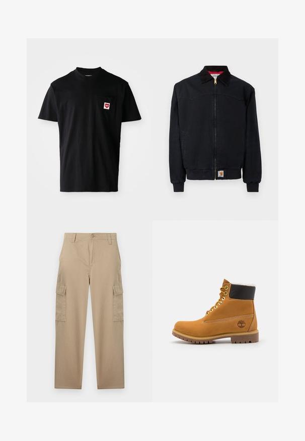 Musta vetoketjullinen työjakku, jossa on resorit hihansuissa ja helmassa, pikikangaskaulus, sivutaskut sekä pieni Carhartt-logo edessä helmassa.; Musta puuvillapaita, jossa on pyöreä kaula-aukko, lyhyet hihat ja vasemmassa rinnassa tasku, jossa on punainen sydänpumpuli valkoisella tekstillä.; Beiget suoralahkeiset cargo-housut, joissa on napillinen suljenta, vyölenkit, etutaskut ja läppätaskut molemmissa reisissä.; Ruske nahkasaapad ankle-moodi, metallist silmadega, valge karvase voodriga, musta pehmendusega kaeluse ja läbilöökide tald. Kotiriide logo on küljes.