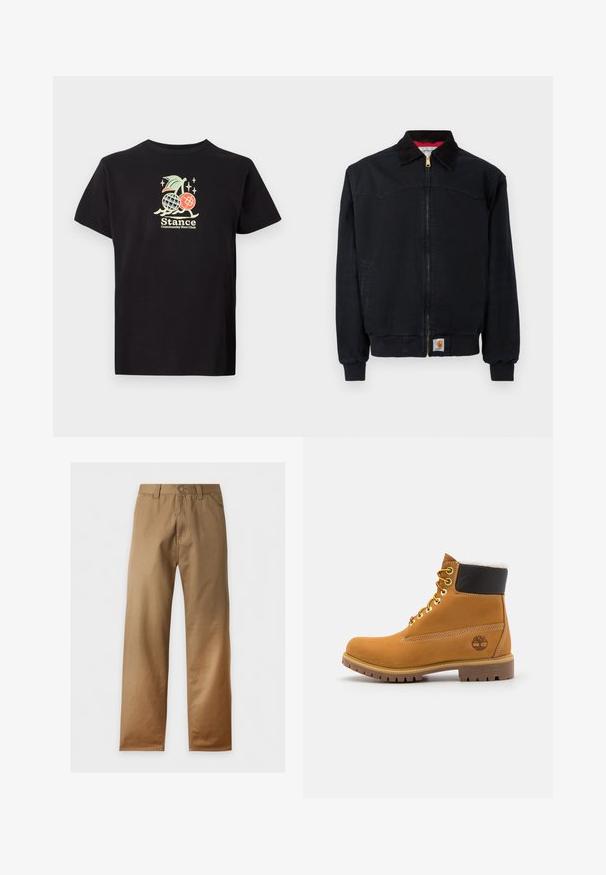 Čierna pracovná bunda na zips s rebrovanými manžetami a lemom, golierom z kordurovej látky, bočnými vreckami a malou nášivkou s logom Carhartt na prednom leme.; Čierne bavlnené tričko s farebnou grafickou potlačou ananásu a čerešní, text znie "Stance Community Run Club." Krátke rukávy.; Rovno strihané nohavice v khaki hnedej farbe s pútkami na opasok, zapínaním na gombík a prednými vreckami, zobrazené na bielom pozadí.; Hnedé kožené ankle boot s kovovými očkami, bielym kožúškom vo vnútri, čiernym vypolstrovaným golierom, robustnou podrážkou a vyrazeným logom na boku.