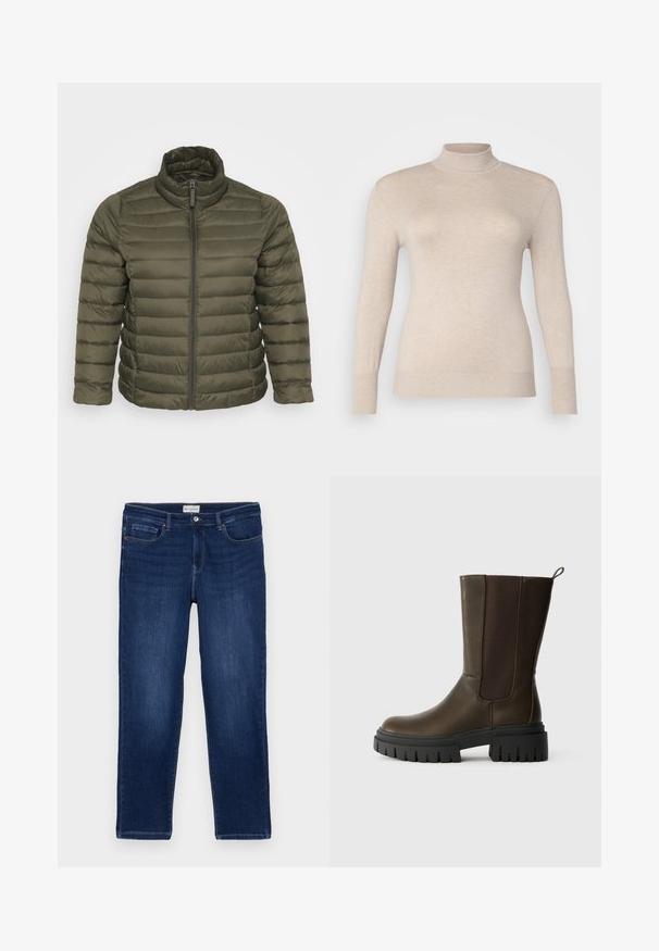 Olivenfarvet puffjakke med høj krave, lynlås lukning og vandret quiltet mønster. Glat tekstur med en tætsiddende silhuet.; Beige højhalset sweater lavet af et blødt stof, med lange ærmer og ribbede manchetter. Glat tekstur uden mønstre eller udsmykninger.; Mørkeblå denim jeans med lige pasform, fem-lomme design, synlige sømme og en metalknaplukning i taljen.; Brune læder ankelstøvle med elastiske sidepaneler, chunky sort gummisål og en løkke for nem påtagning. Glat tekstur og moderne design.